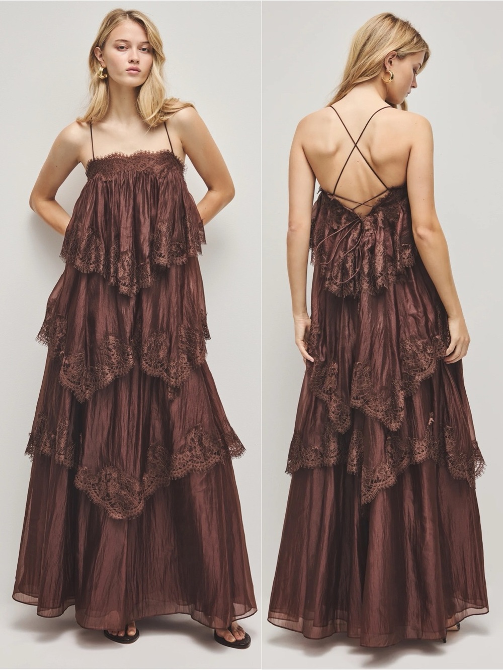 Aje Ophelia Lace Tiered Crinkle Textured Maxi Dress Chocolate Brown NEW with tag